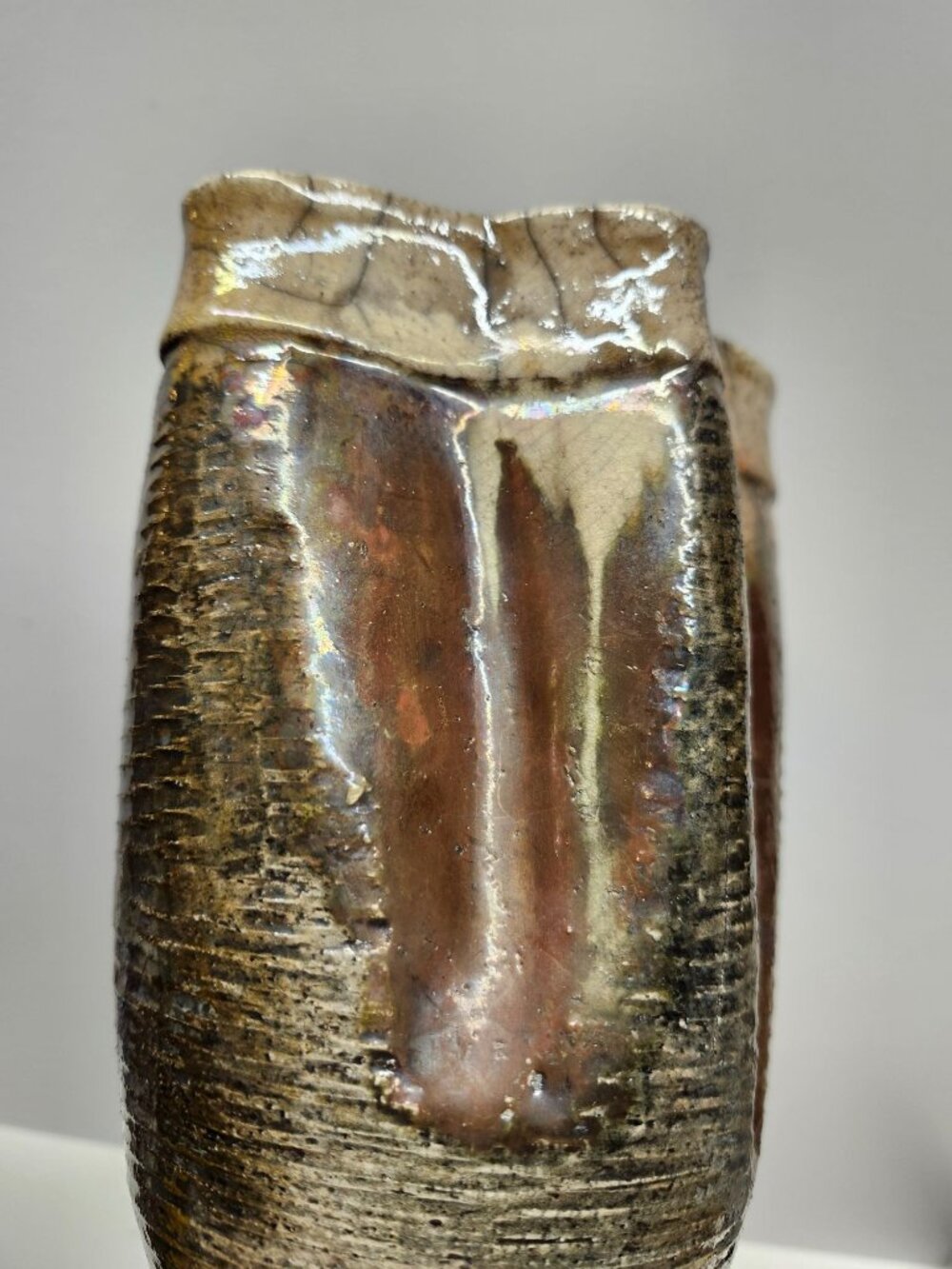Raku Pottery Vase Earth Tones 7.75" Handmade Freeform